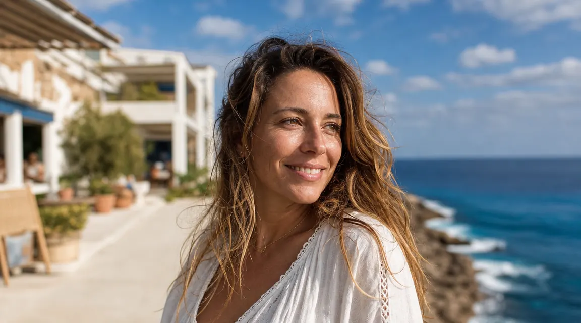 Woman outdoors on a bright day, skin looking clear and healthy, relaxed expression