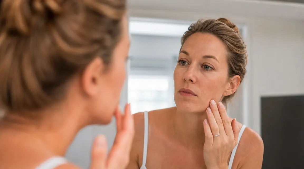 Woman examining her skin closely in a mirror, looking satisfied, natural light from a nearby window
