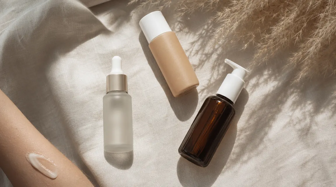 Flat lay of gentle skincare products including a cleanser, toner, and moisturizer on a cream surface