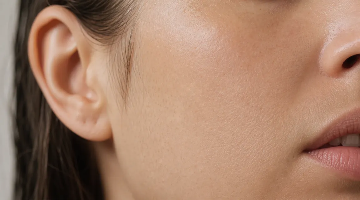 Close-up of a woman's cheek and jawline showing calm, hydrated skin with no visible dry patches