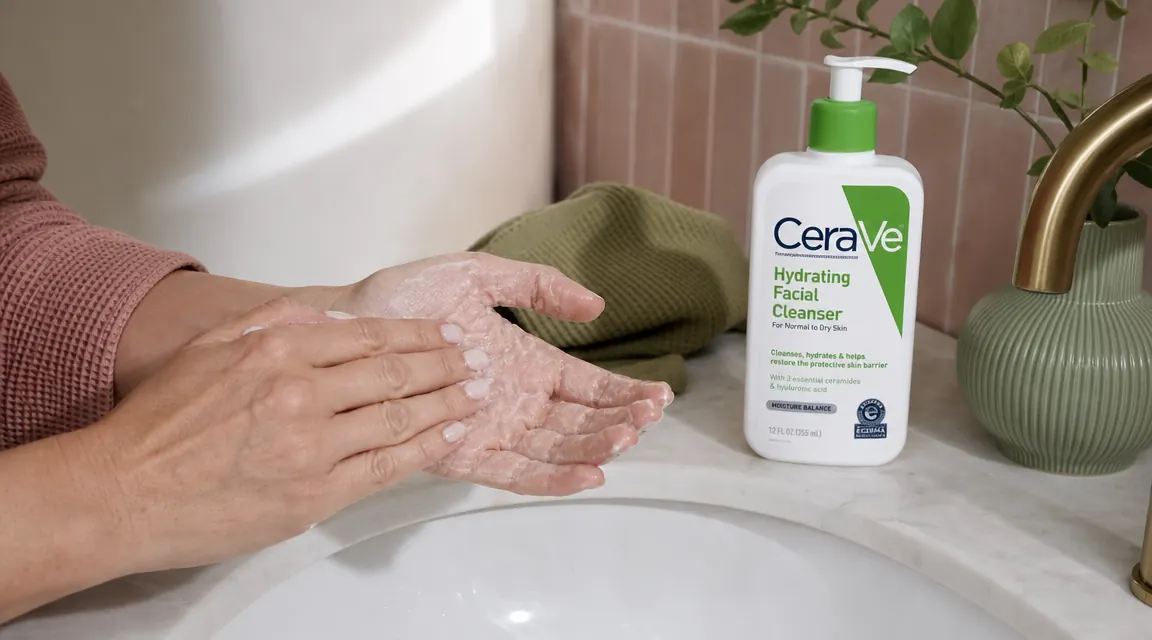 Hands cupping a small amount of milky CeraVe cleanser foam over a sink, showing the non-stripping gel-cream texture