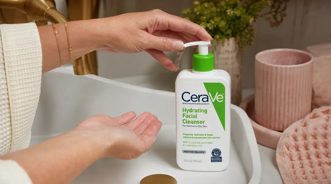 Hands gently pressing the CeraVe Hydrating Facial Cleanser pump over a white ceramic sink