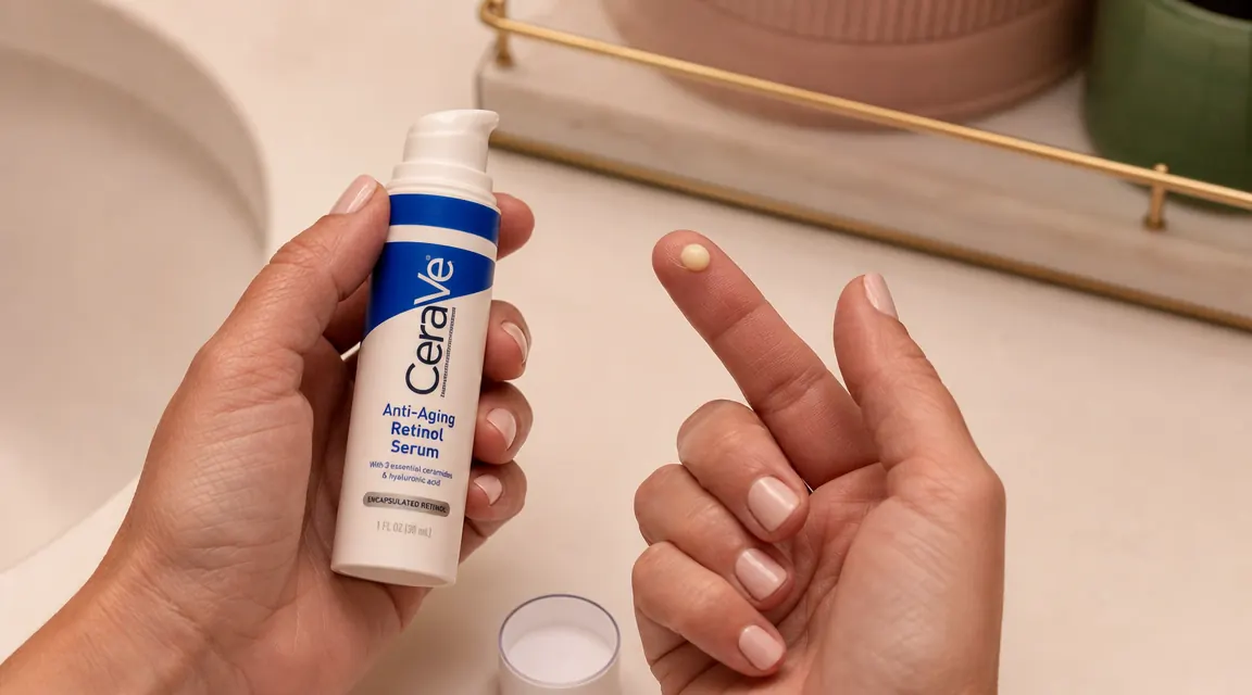 Hand holding a CeraVe retinol serum bottle with the cap off, ready to apply a drop
