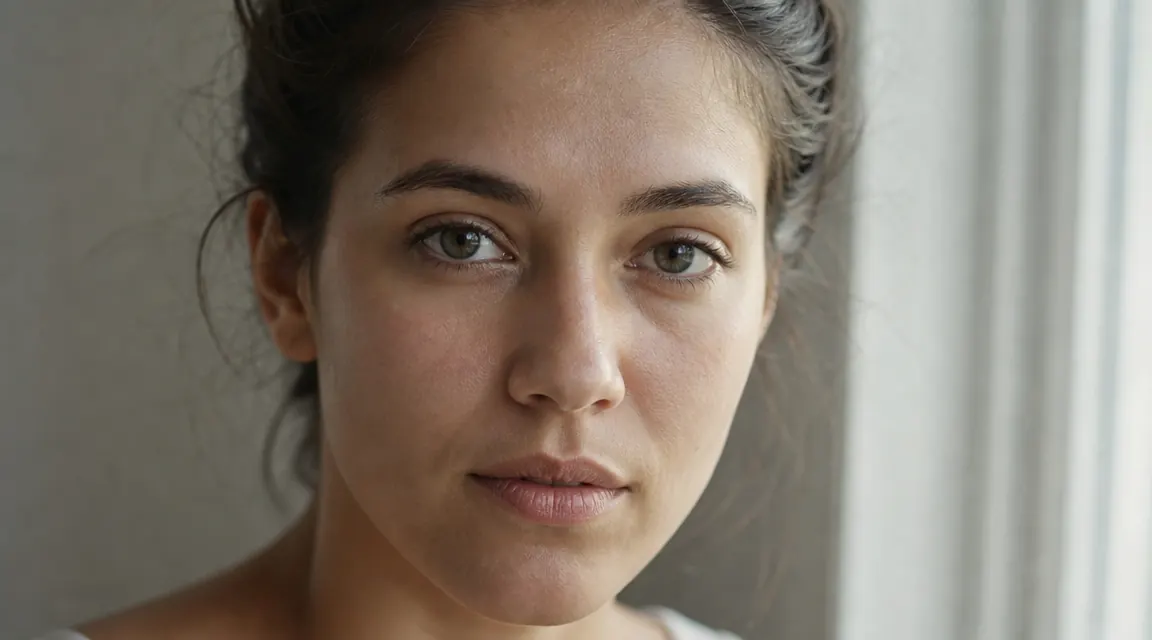 Close-up of woman's bare, even-toned skin glowing in natural window light