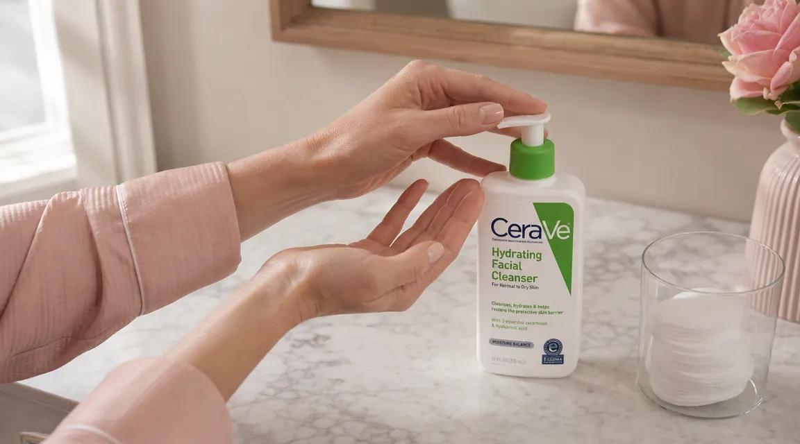 CeraVe Hydrating Facial Cleanser bottle next to a small dish of micellar water on a marble bathroom shelf