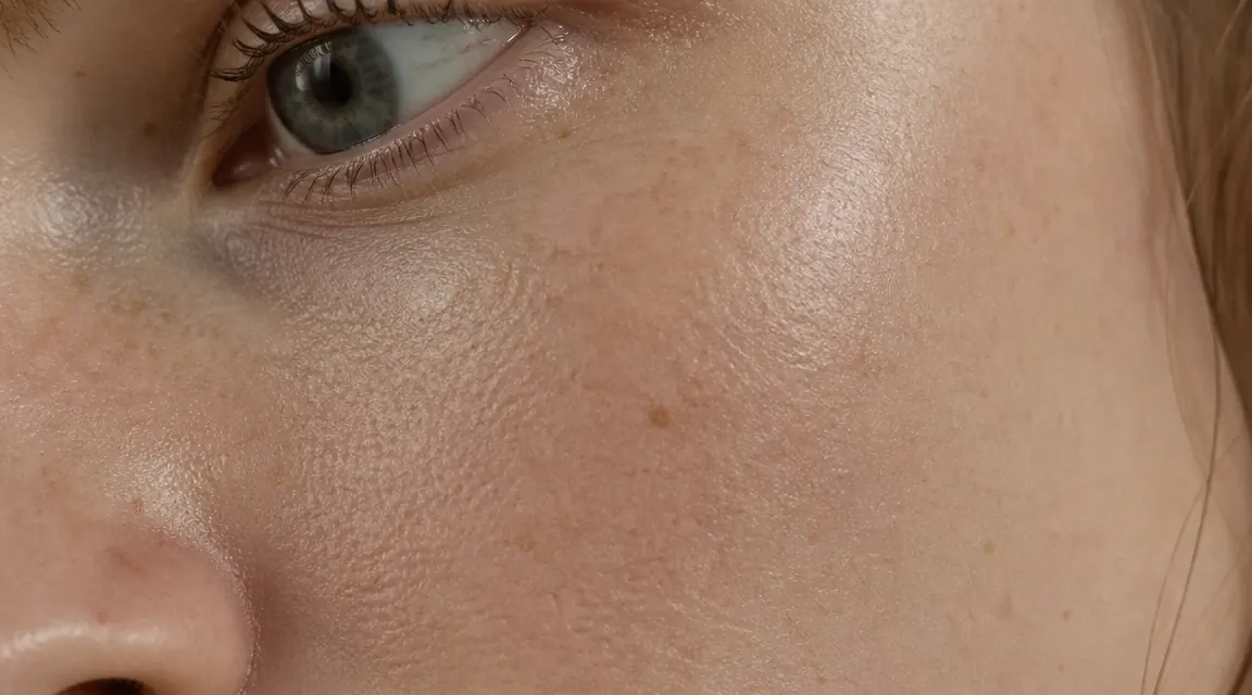 Close-up of clean glass skin texture on a woman's cheek, dewy and calm with no redness