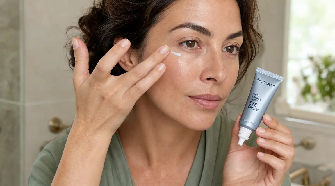 Close-up of a ring finger applying a small dot of eye cream just below the orbital bone
