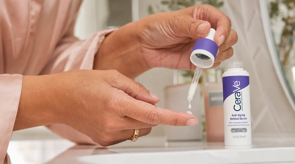 Hands dispensing a small amount of retinol serum from a dropper onto a fingertip, with a plain white bathroom background