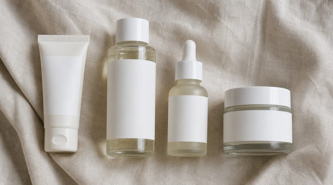 A flat lay of skincare products arranged in layering order: a gentle cleanser, hyaluronic acid serum, retinol serum, and a plain moisturizer on a warm linen background