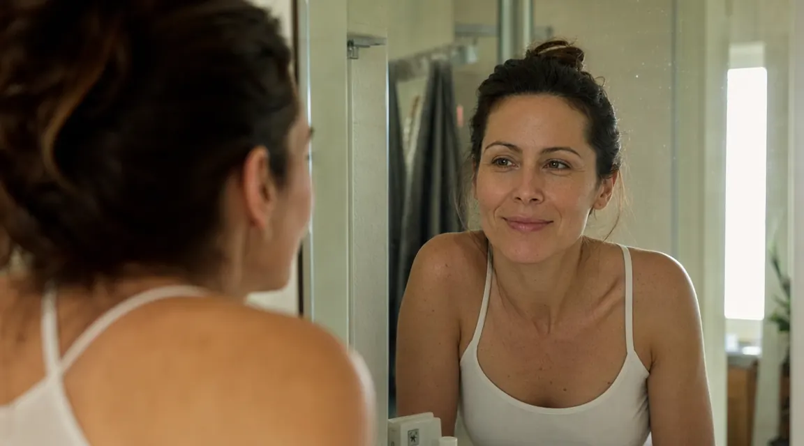 Woman smiling at her reflection in a bathroom mirror, morning light, no heavy makeup