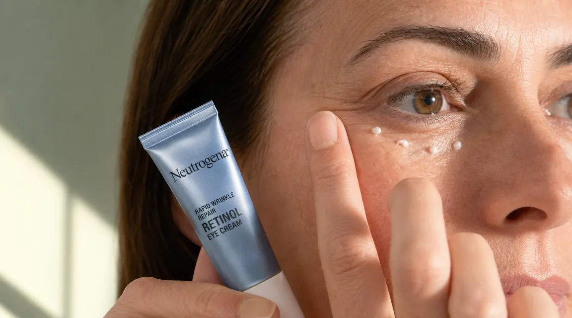 Close-up of a woman's under-eye area showing fine lines and slight puffiness in natural morning window light