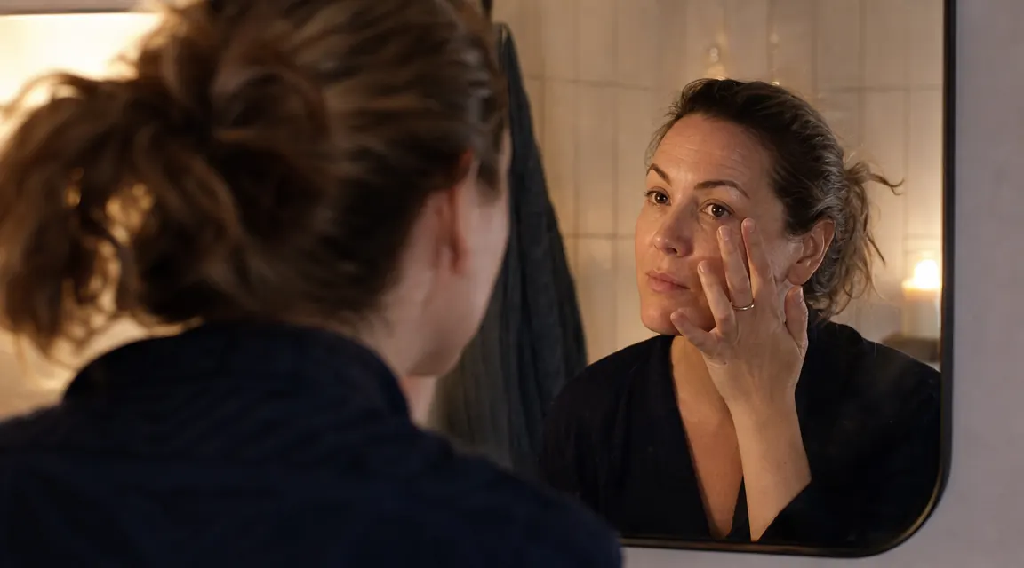 A woman looking into a bathroom mirror in warm evening light, applying product with one finger under her eye