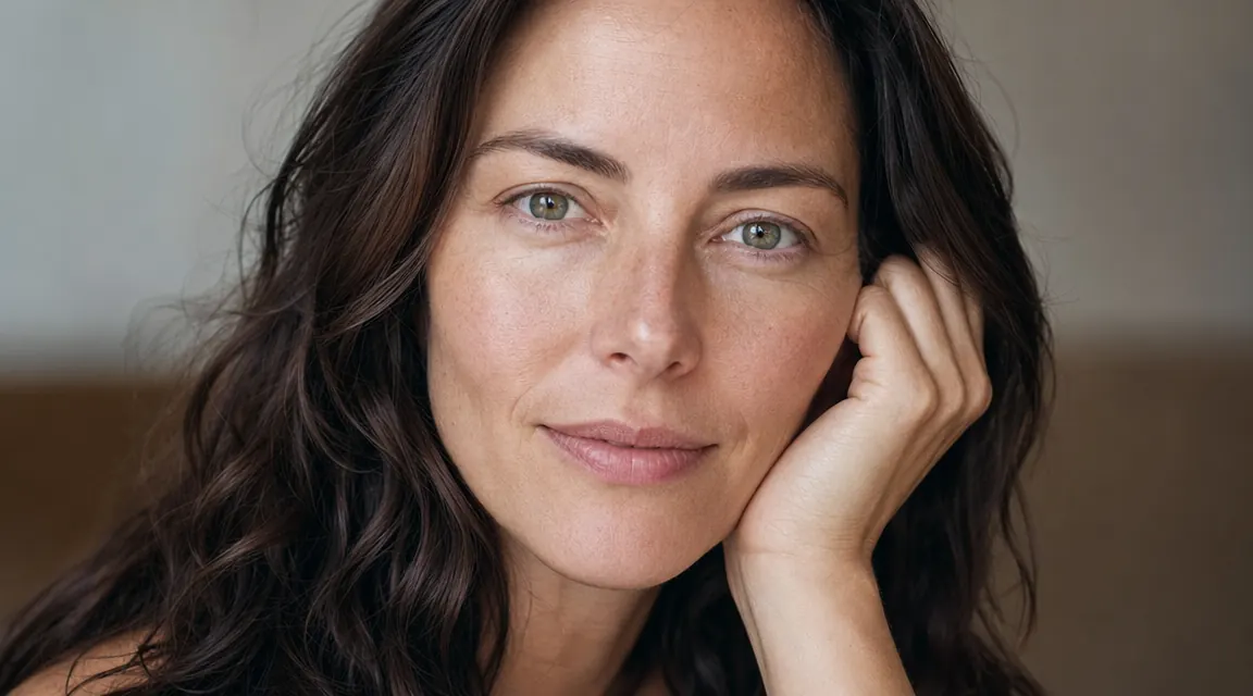 A woman in her mid-forties looking relaxed in natural light, smooth skin under her eyes visible