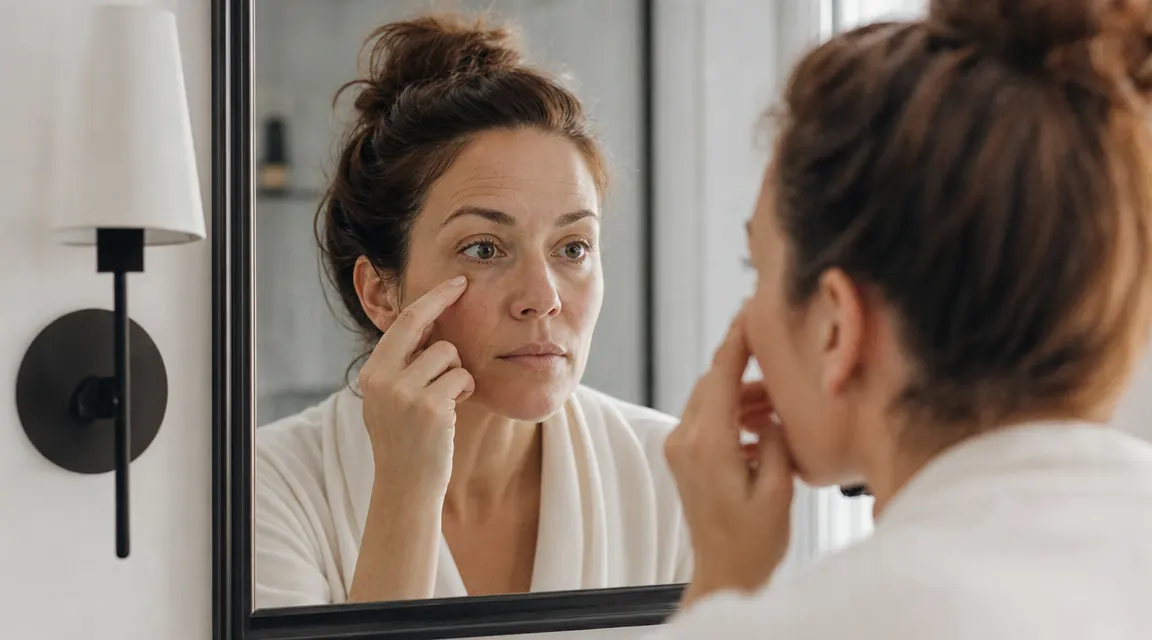 Woman touching gently beneath her eye in a well-lit bathroom mirror, examining skin texture