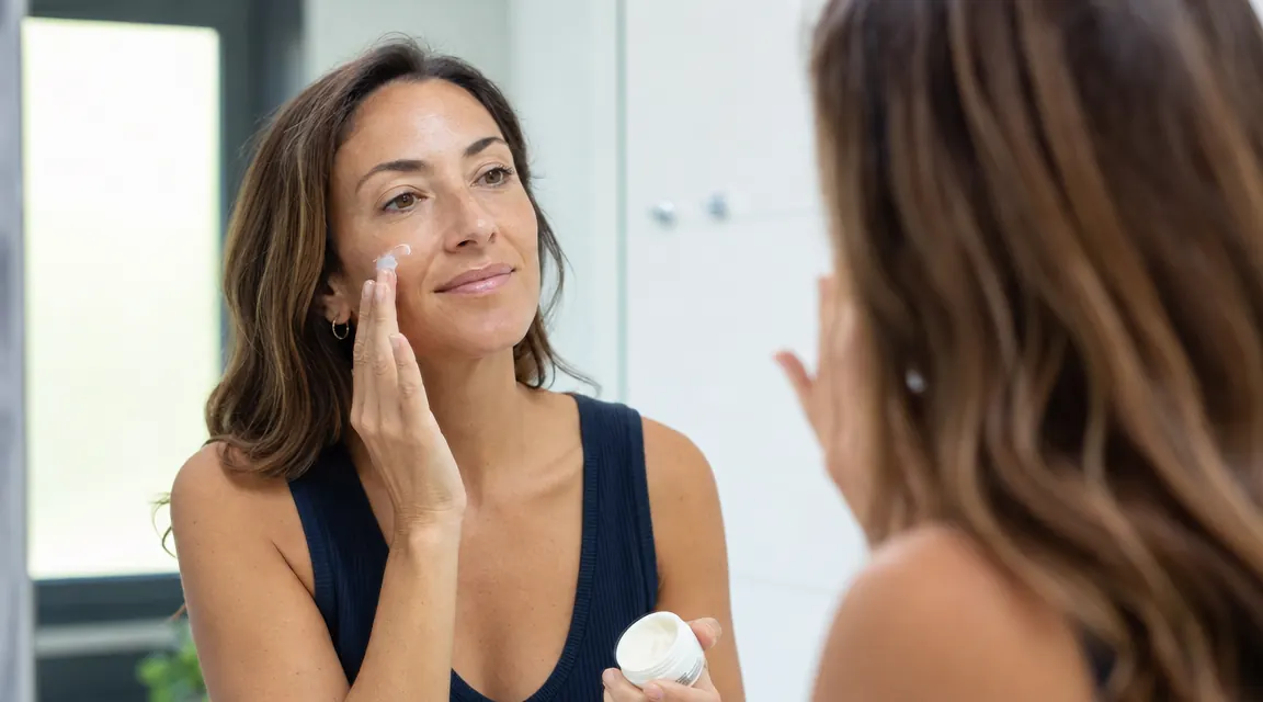 A woman applying moisturizer to her cheek in a bathroom mirror, morning light, relaxed expression