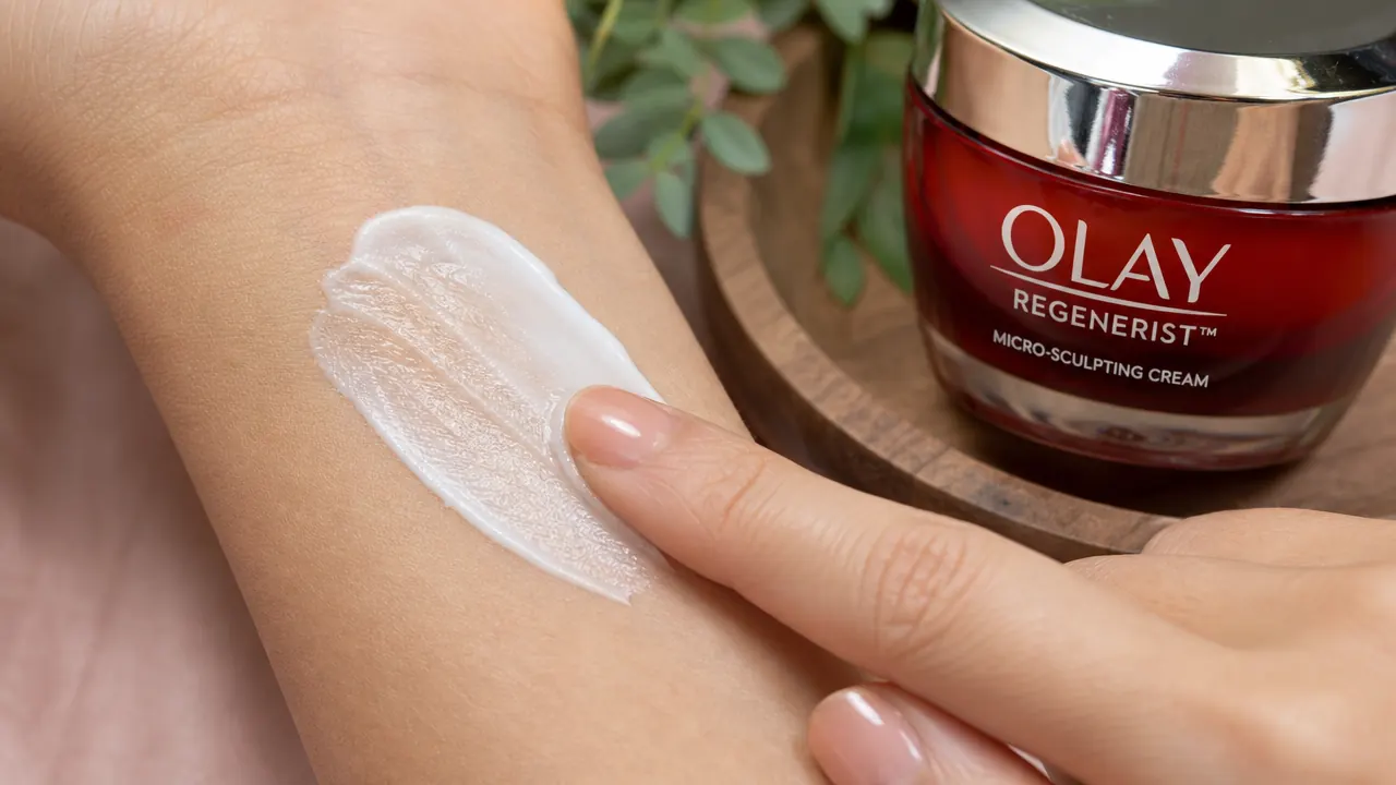 Close-up of the Olay Regenerist cream texture swatched on a wrist showing the off-white, slightly pearlescent consistency