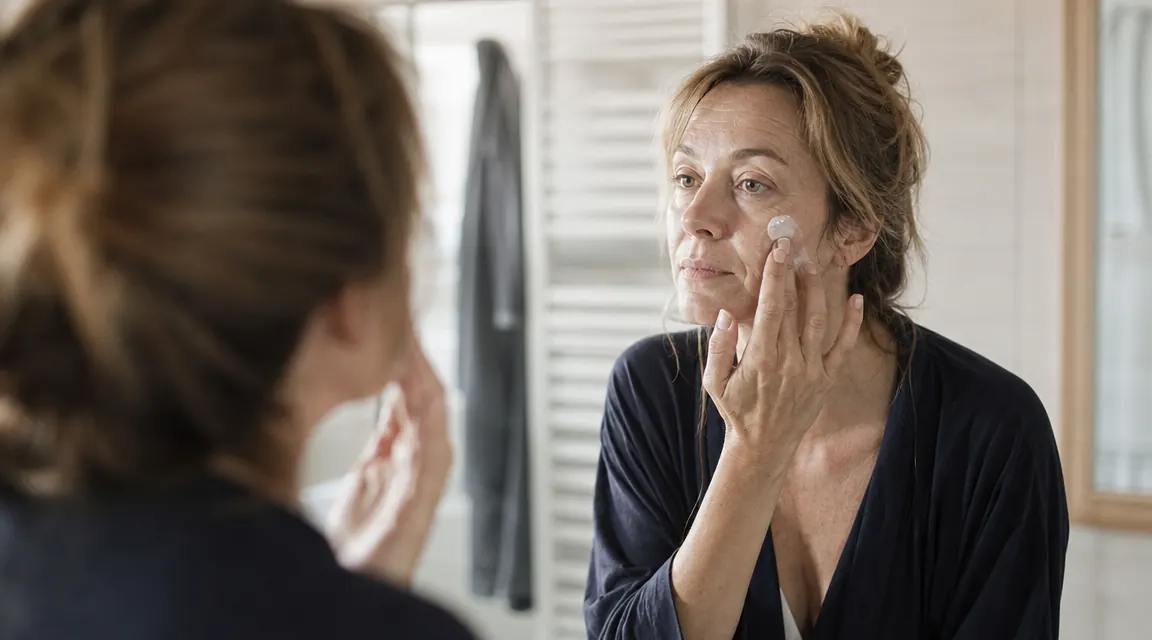 Woman in her late forties with clear skin applying moisturizer in a bathroom mirror, soft morning light