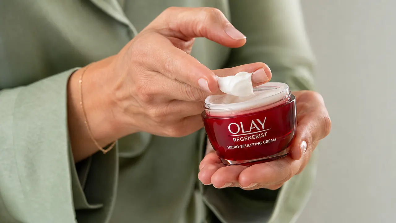 Close-up of Olay Regenerist Micro-Sculpting Cream being scooped with a fingertip from the jar