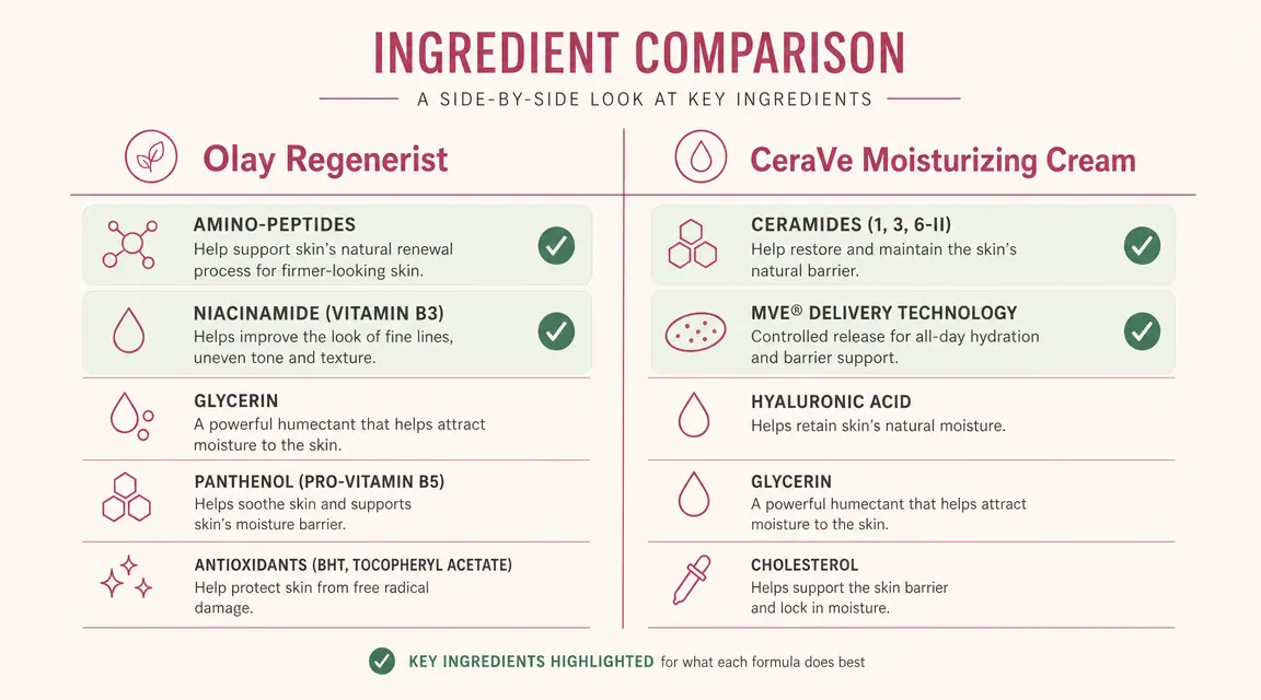 Comparison chart showing key ingredient differences between Olay Regenerist and CeraVe Moisturizing Cream