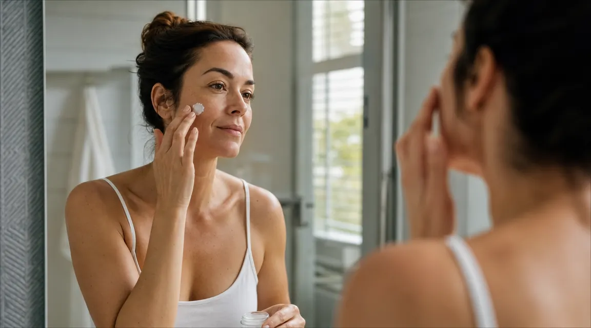 Woman applying moisturizer to her face in front of a bathroom mirror, natural daylight